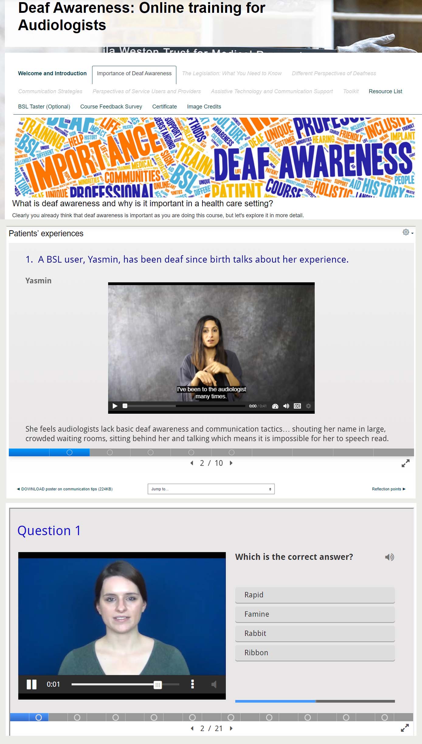 A image showing a front page of the course, a video page, and the page with a lip reading game.